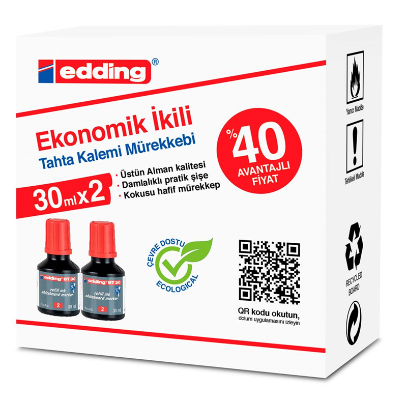 EDDING BEYAZ TAHTA MÜREKKEBİ 30 ML E-BT30 KIRMIZI 2 Lİ - 