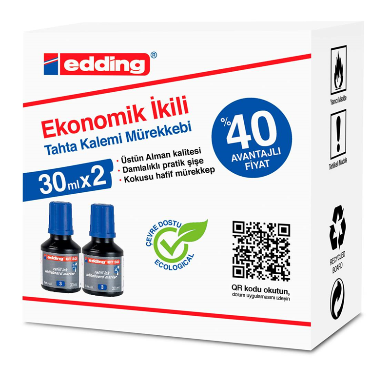 EDDING BEYAZ TAHTA MÜREKKEBİ 30 ML E-BT30 MAVİ 2 Lİ- 