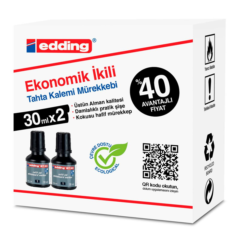 EDDING BEYAZ TAHTA MÜREKKEBİ 30 ML E-BT30 SİYAH 2 Lİ- 