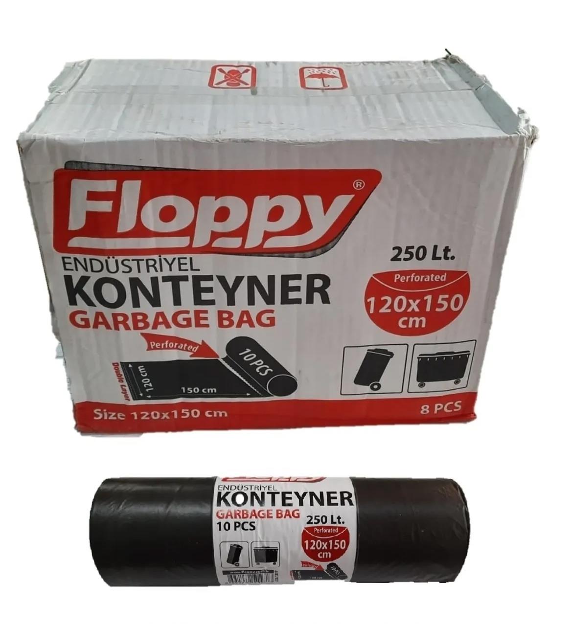 Floppy Endüstriyel Konteyner Çöp Torbası (120x150Cm) (Siyah) (250 Lt) (10 lux8 Rulo) (1 Koli)