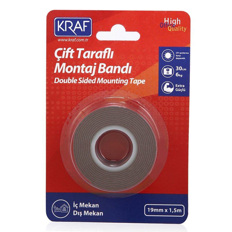 KRAF MONTAJ BANDI ÇİFT TARAFLI EXTRA GÜÇLÜ DIŞ MEKAN 19mm x 1.5m 2520G- 