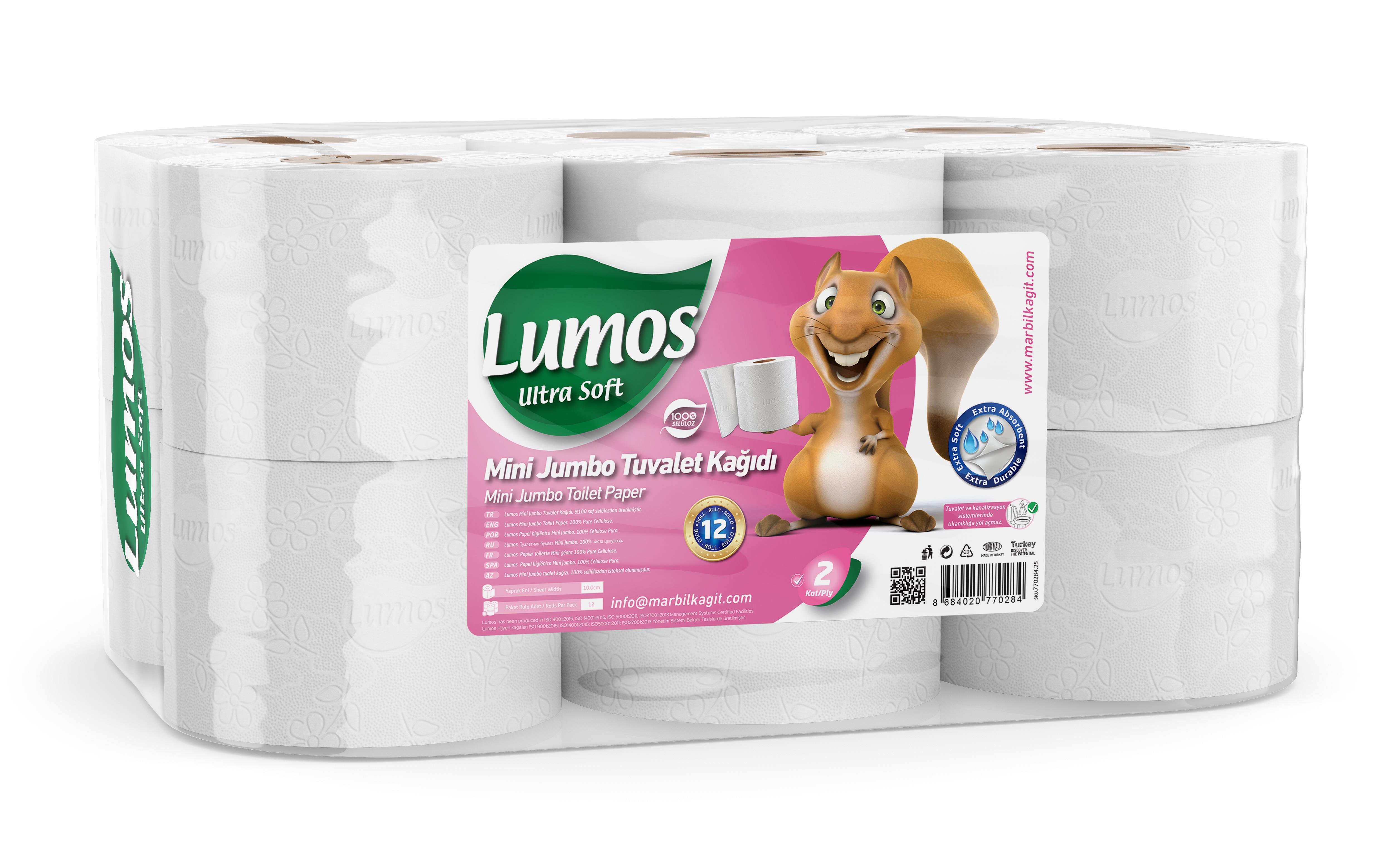 Lumos 2,5 Kg Mini Jumbo Tuvalet Kağıdı (Beyaz) (2 Kat) (10x22Cm) (17Gsm) (55Mt) (2.5Kg) (1 Koli)