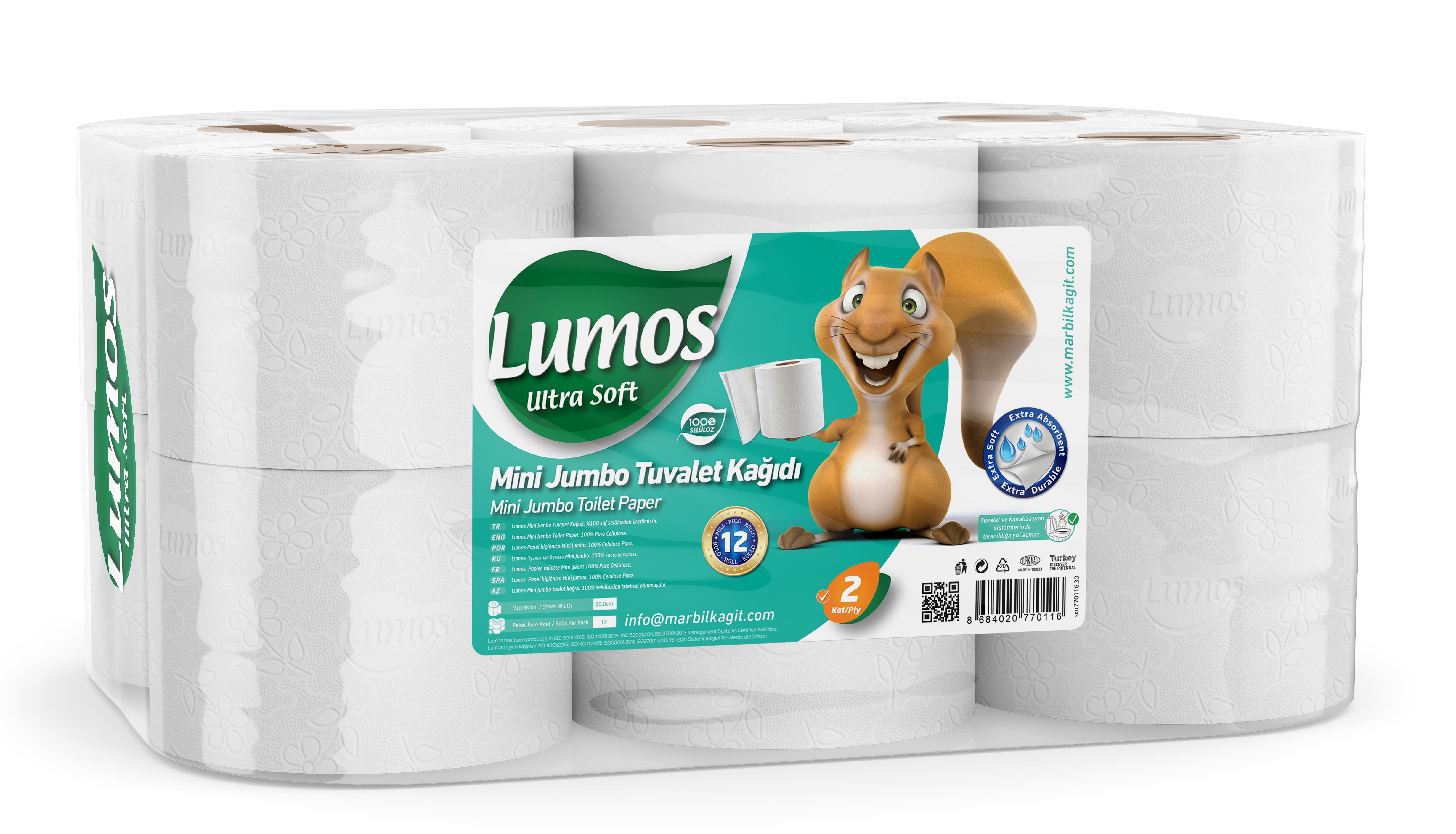 Lumos 3 Kg Mini Jumbo Tuvalet Kağıdı (Beyaz) (2 Kat) (10x22Cm) (17Gsm) (68Mt) (3.0Kg) (1 Koli)