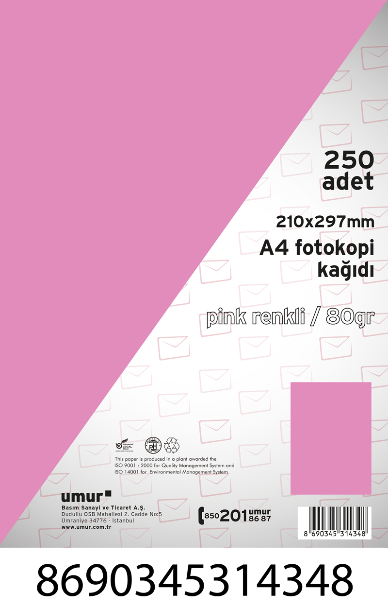 UMUR FOTOKOPİ KAĞIDI A4 80GR RENKLİ 250 Lİ PINK 170- 