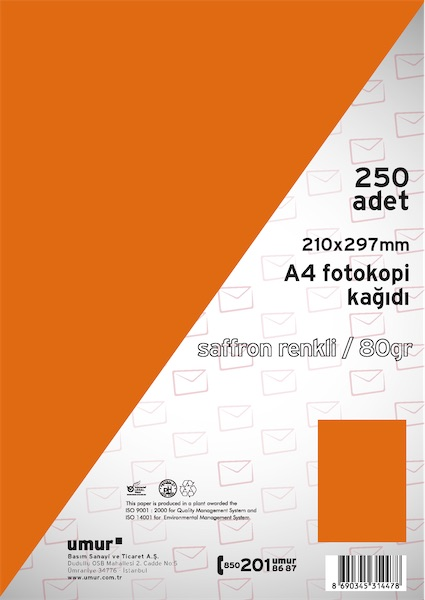 UMUR FOTOKOPİ KAĞIDI A4 80GR RENKLİ 250 Lİ SAFFRON 240- 