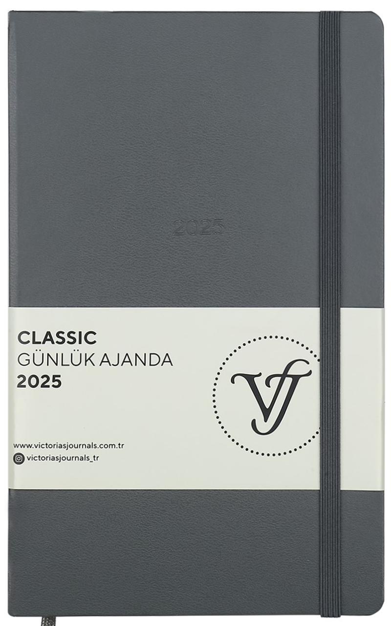 VJ AJANDA 2025 GÜNLÜK 13x21 CLASSIC SERT KAPAK IVORY 70 GR LASTİKLİ GRİ 384 SF. 124-1454 - 