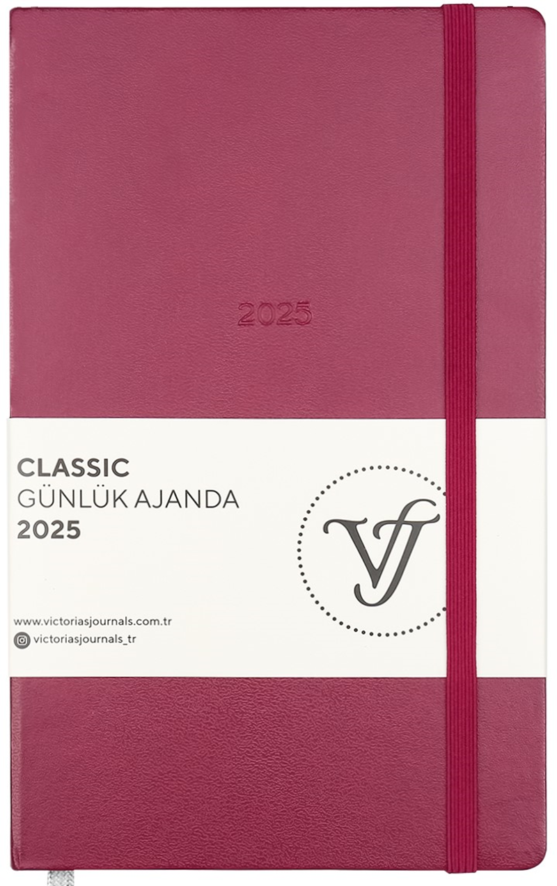 VJ AJANDA 2025 GÜNLÜK 13x21 CLASSIC SERT KAPAK IVORY 70 GR LASTİKLİ KIRMIZI 384 SF. 124-1449 - 