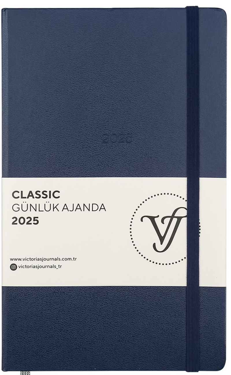 VJ AJANDA 2025 GÜNLÜK 13x21 CLASSIC SERT KAPAK IVORY 70 GR LASTİKLİ LACİVERT 384 SF. 124-1448 - 