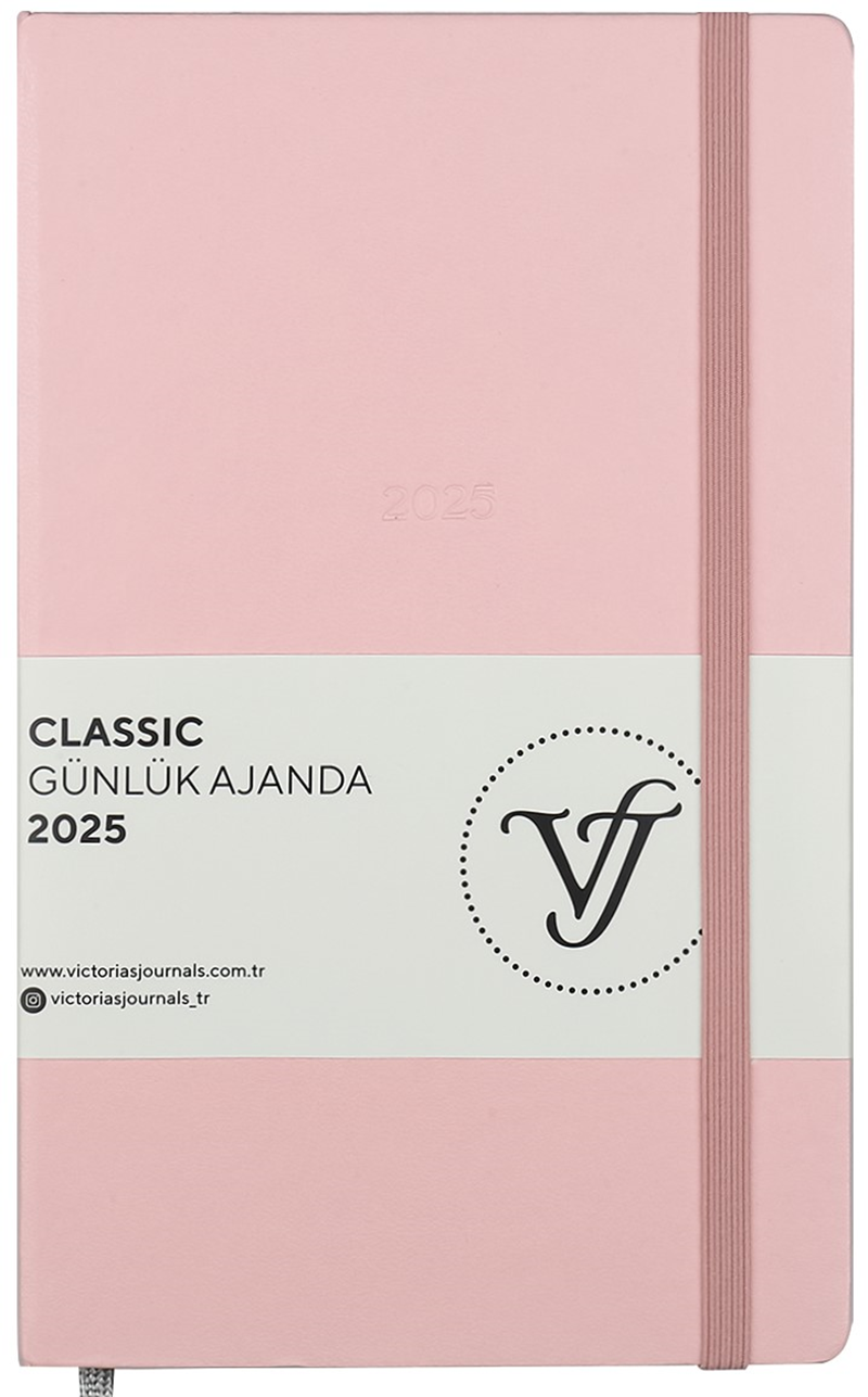 VJ AJANDA 2025 GÜNLÜK 13x21 CLASSIC SERT KAPAK IVORY 70 GR LASTİKLİ PEMBE 384 SF. 124-1453 - 