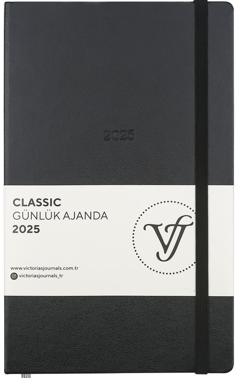 VJ AJANDA 2025 GÜNLÜK 13x21 CLASSIC SERT KAPAK IVORY 70 GR LASTİKLİ SİYAH 384 SF. 124-1447 - 