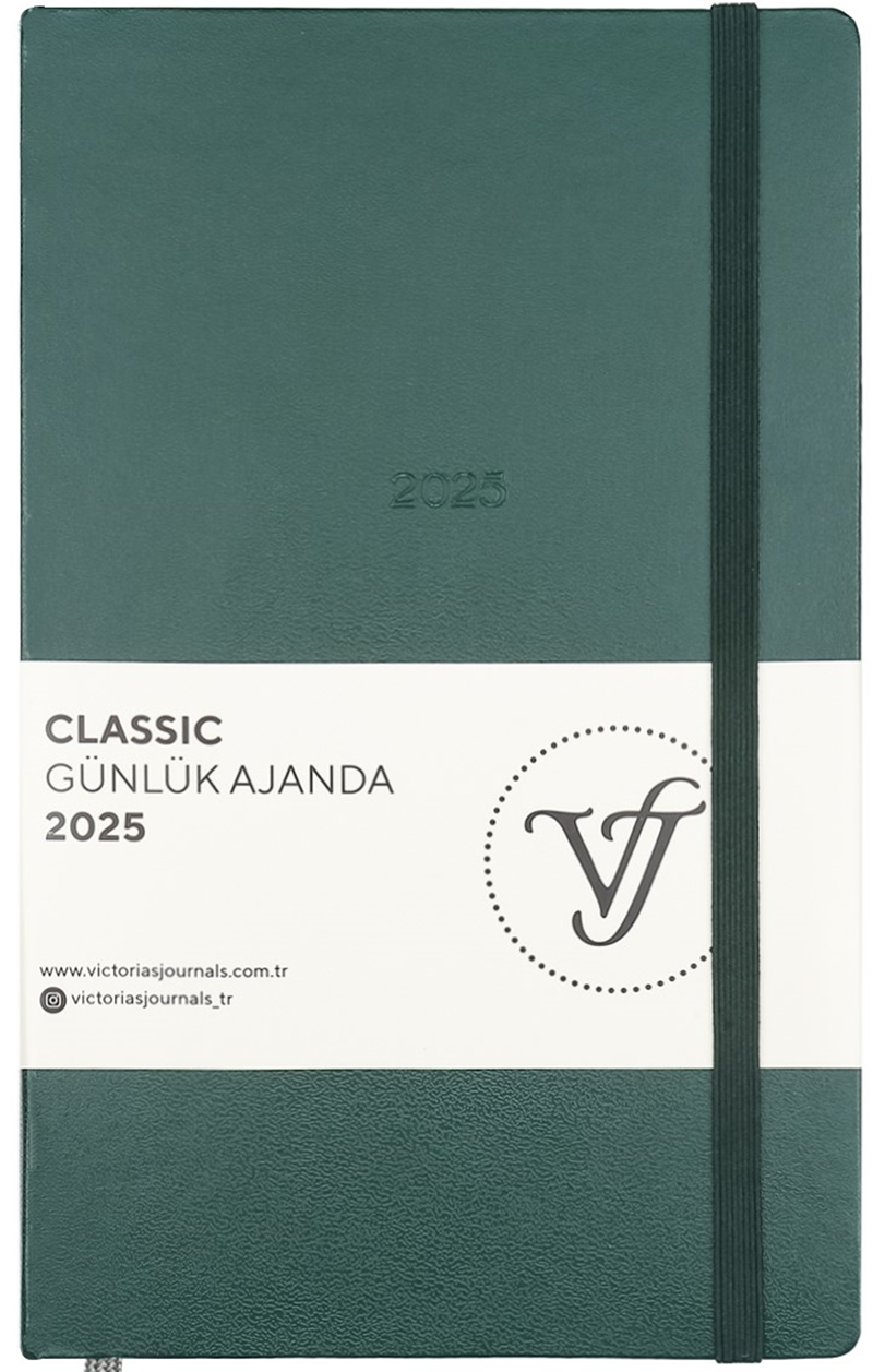 VJ AJANDA 2025 GÜNLÜK 13x21 CLASSIC SERT KAPAK IVORY 70 GR LASTİKLİ YEŞİL 384 SF. 124-1450 - 