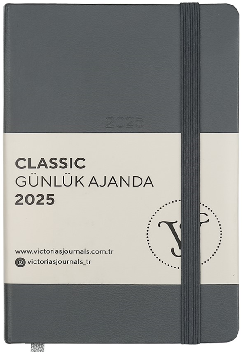 VJ AJANDA 2025 GÜNLÜK 9x14 CLASSIC SERT KAPAK IVORY 70 GR LASTİKLİ GRİ 384 SF. 124-1490 - 