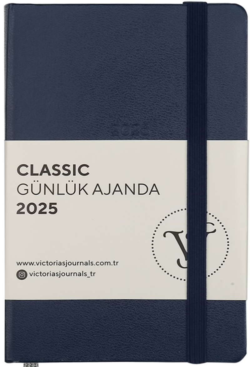 VJ AJANDA 2025 GÜNLÜK 9x14 CLASSIC SERT KAPAK IVORY 70 GR LASTİKLİ LACİVERT 384 SF. 124-1484 - 