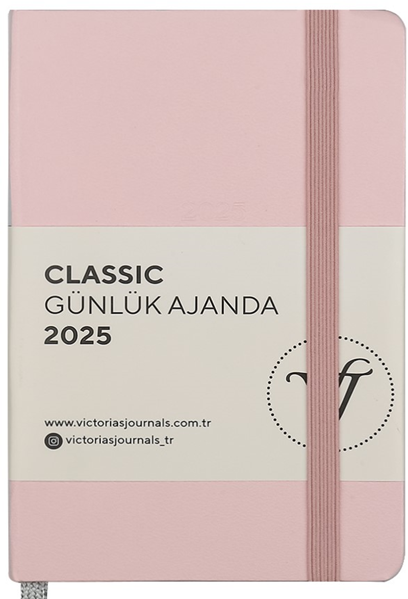 VJ AJANDA 2025 GÜNLÜK 9x14 CLASSIC SERT KAPAK IVORY 70 GR LASTİKLİ PEMBE 384 SF. 124-1489 - 