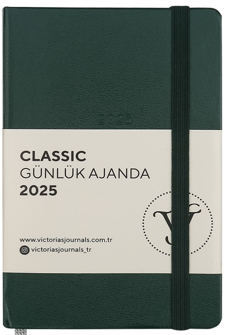 VJ AJANDA 2025 GÜNLÜK 9x14 CLASSIC SERT KAPAK IVORY 70 GR LASTİKLİ YEŞİL 384 SF. 124-1486 - 