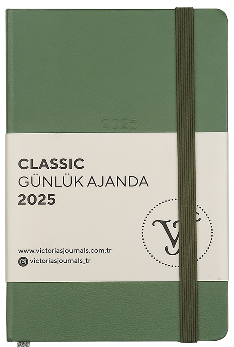 VJ AJANDA 2025 GÜNLÜK 9x14 CLASSIC SERT KAPAK IVORY 70 GR LASTİKLİ ZEYTİN YEŞİLİ 384 SF. 124-1487 - 