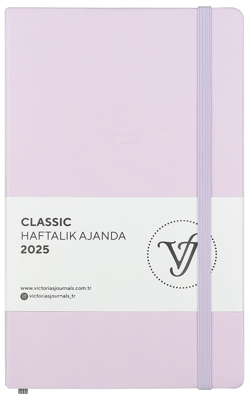 VJ AJANDA 2025 HAFTALIK 13x21 CLASSIC SERT KAPAK IVORY 100 GR LASTİKLİ LİLA 144 SF. 124-1414 - 