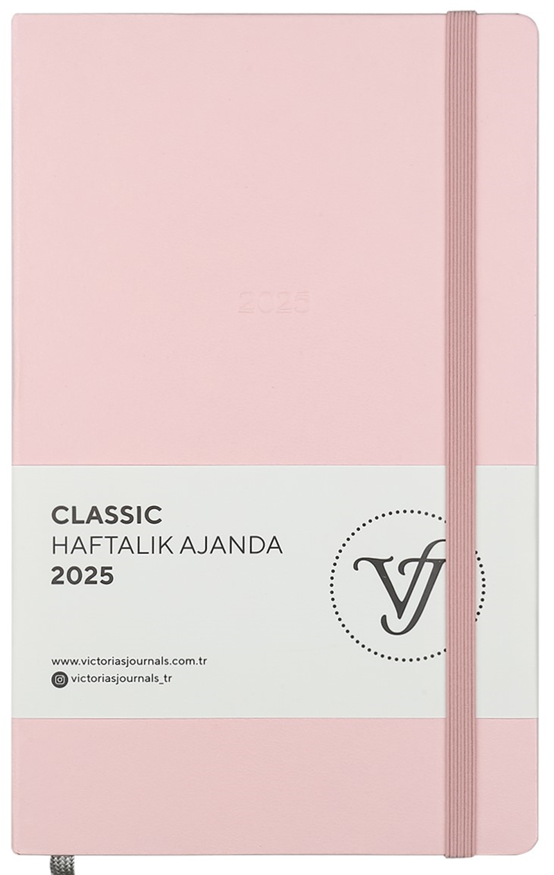 VJ AJANDA 2025 HAFTALIK 13x21 CLASSIC SERT KAPAK IVORY 100 GR LASTİKLİ PEMBE 144 SF. 124-1415 - 