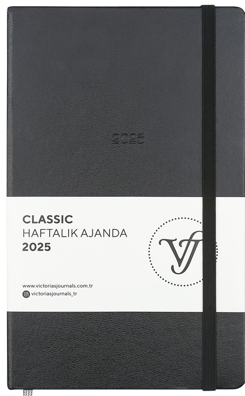 VJ AJANDA 2025 HAFTALIK 13x21 CLASSIC SERT KAPAK IVORY 100 GR LASTİKLİ SİYAH 144 SF. 124-1409 - 